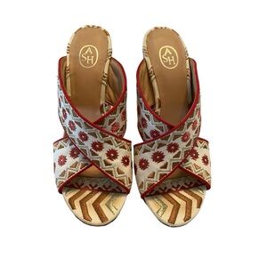 ASH Womens Red Aztec Adel Round Toe Block Heel Slip On Heeled Sandal 39
